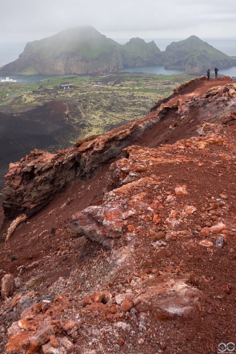 View from the top of Eldfell volcano crater Vestmannaeyjar, Iceland